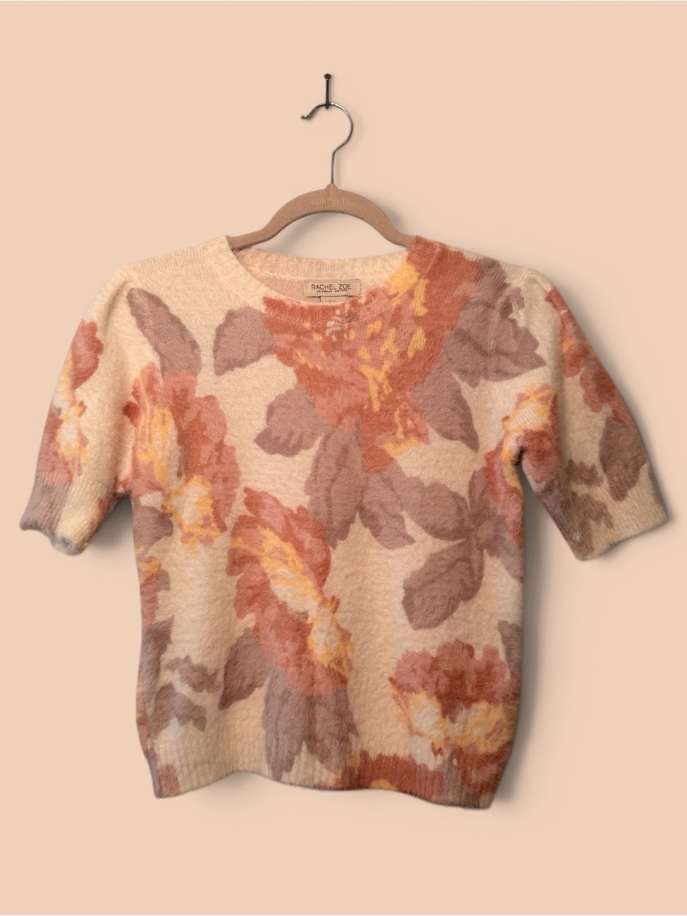 Rachel Zoe Fuzzy Floral Knit Sweater Soft Romantic Cozy Short Sleeve Pullover